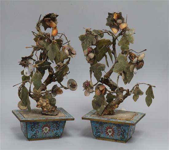 A pair of Chinese jade and hardstone bonsai trees in cloisonne jardinieres H 33cm approx